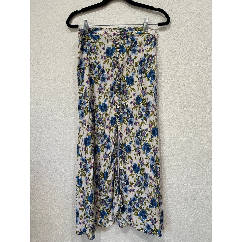 Zara Woman Blue Floral Button Front Midi Skirt Viscose Slit Size M